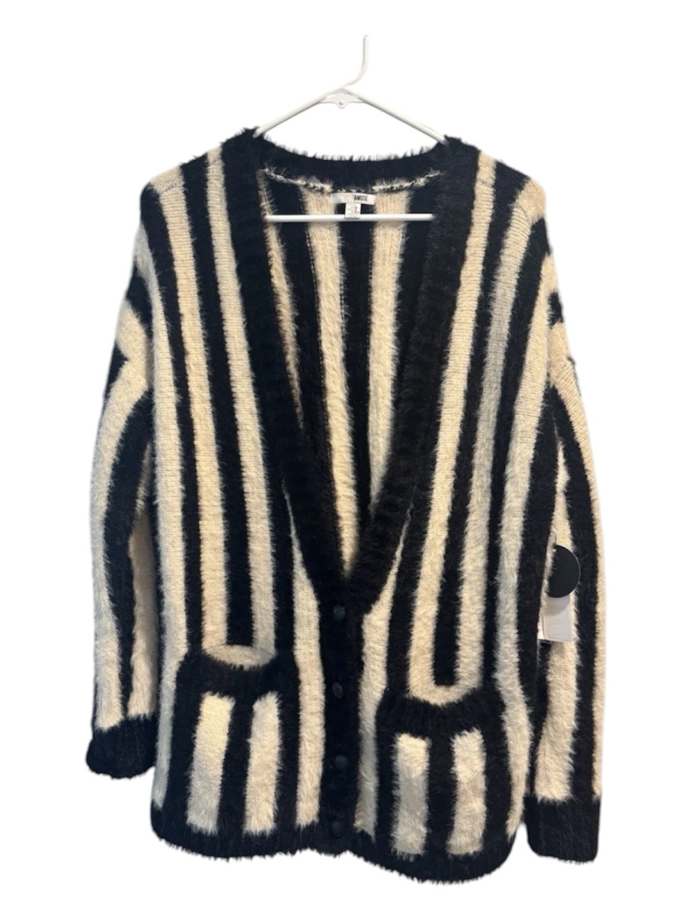 Amuse Society Black and Cream Striped Fuzzy Cardigan